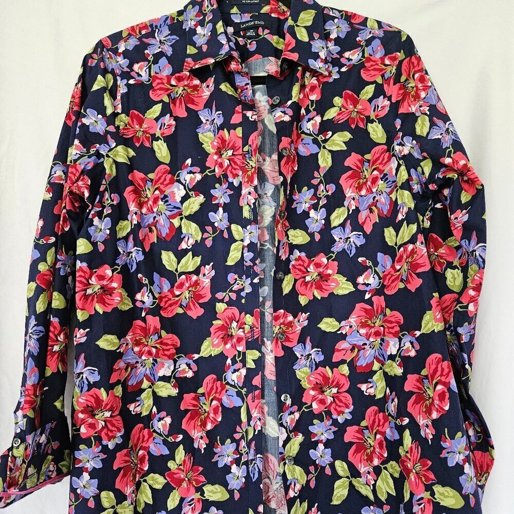 Lands' End Colorful Floral No Iron Supima Cotton Button Up Shirt 10